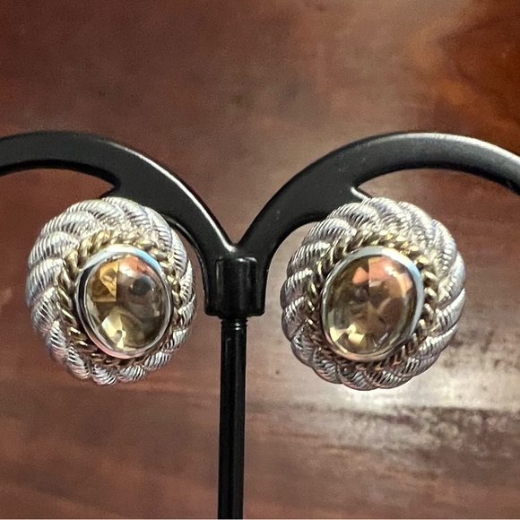 Judith Ripka Silver Citrine Quartz Cabachon Earrings | 925 Gold Accents EUC #410 - Picture 7 of 11